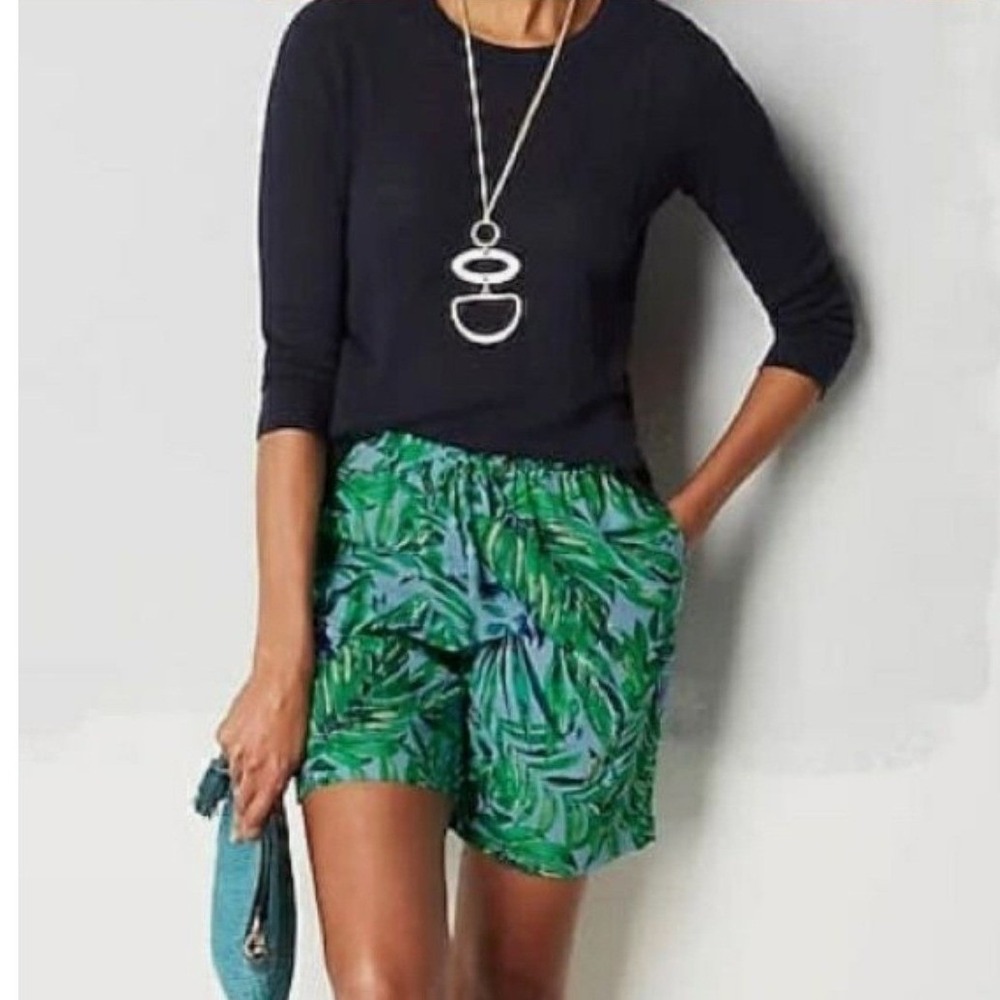 J. Jill Tropical Palm Shorts XL Blue Green Rayon Drawstring Summer Beach Coastal